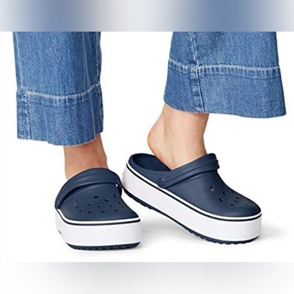 CROCS Shoes - CROCS Navy Blue & White Trendy 1.5” Platform Slip On Clog Shoe